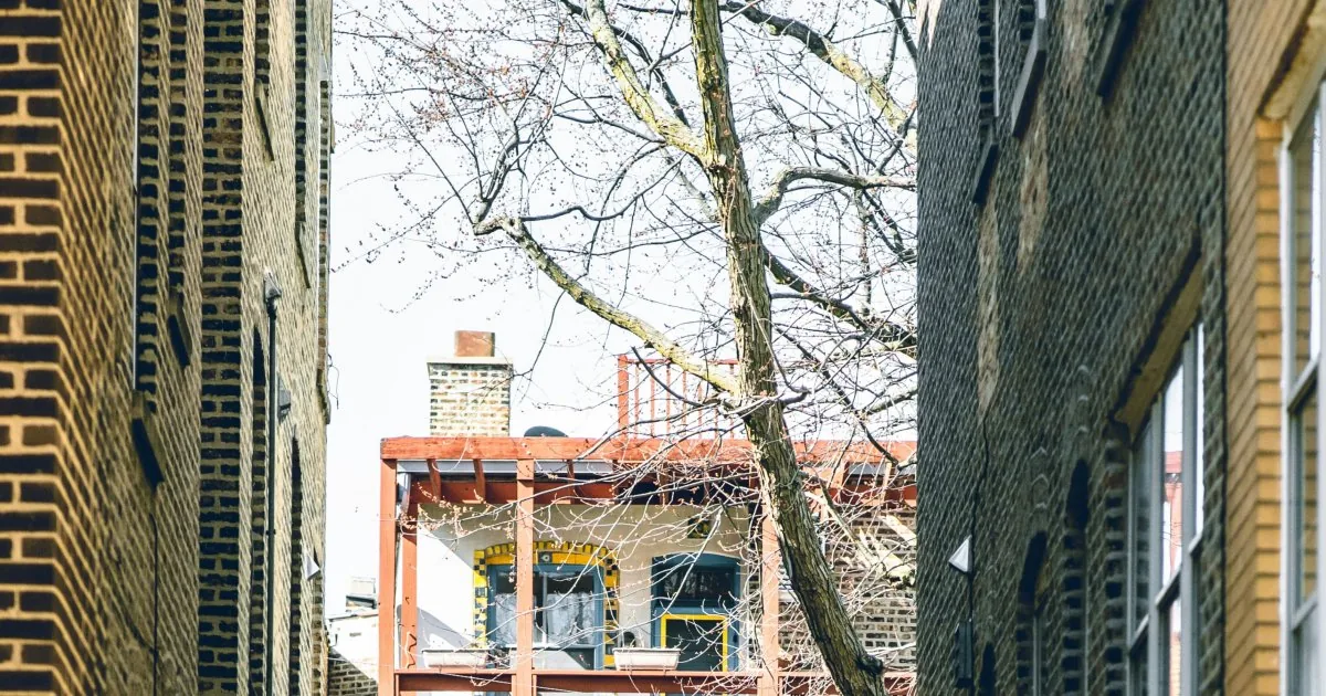Brick townhomes on a tree-lined street, viewed through a narrow gap between two buildings.