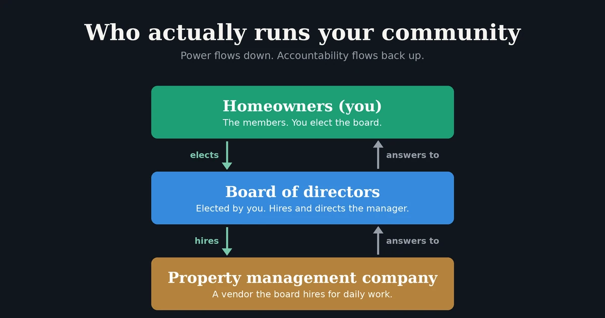 Org chart of an Illinois community: homeowners elect the board of directors, the board hires the property management company, and each one answers back up the chain to the homeowners.