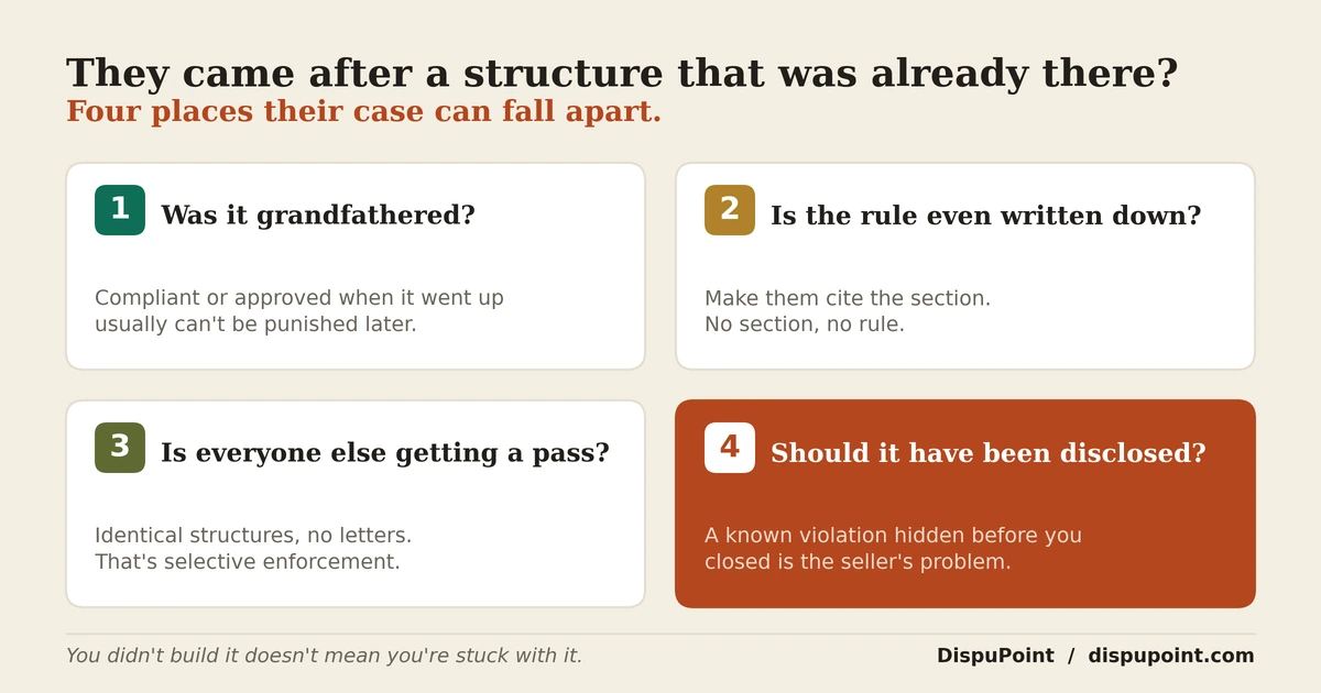 Four-card grid titled They came after a structure that was already there, four places their case can fall apart: was it grandfathered, is the rule even in the documents, is everyone else getting a pass, and should it have been disclosed before you closed. The disclosure card is highlighted in solid rust.