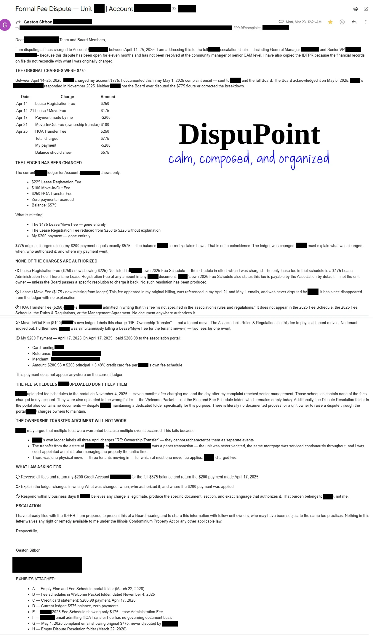 A redacted formal fee dispute email citing Illinois statutes, with a labeled exhibit list and a five business day deadline for the board to respond.
