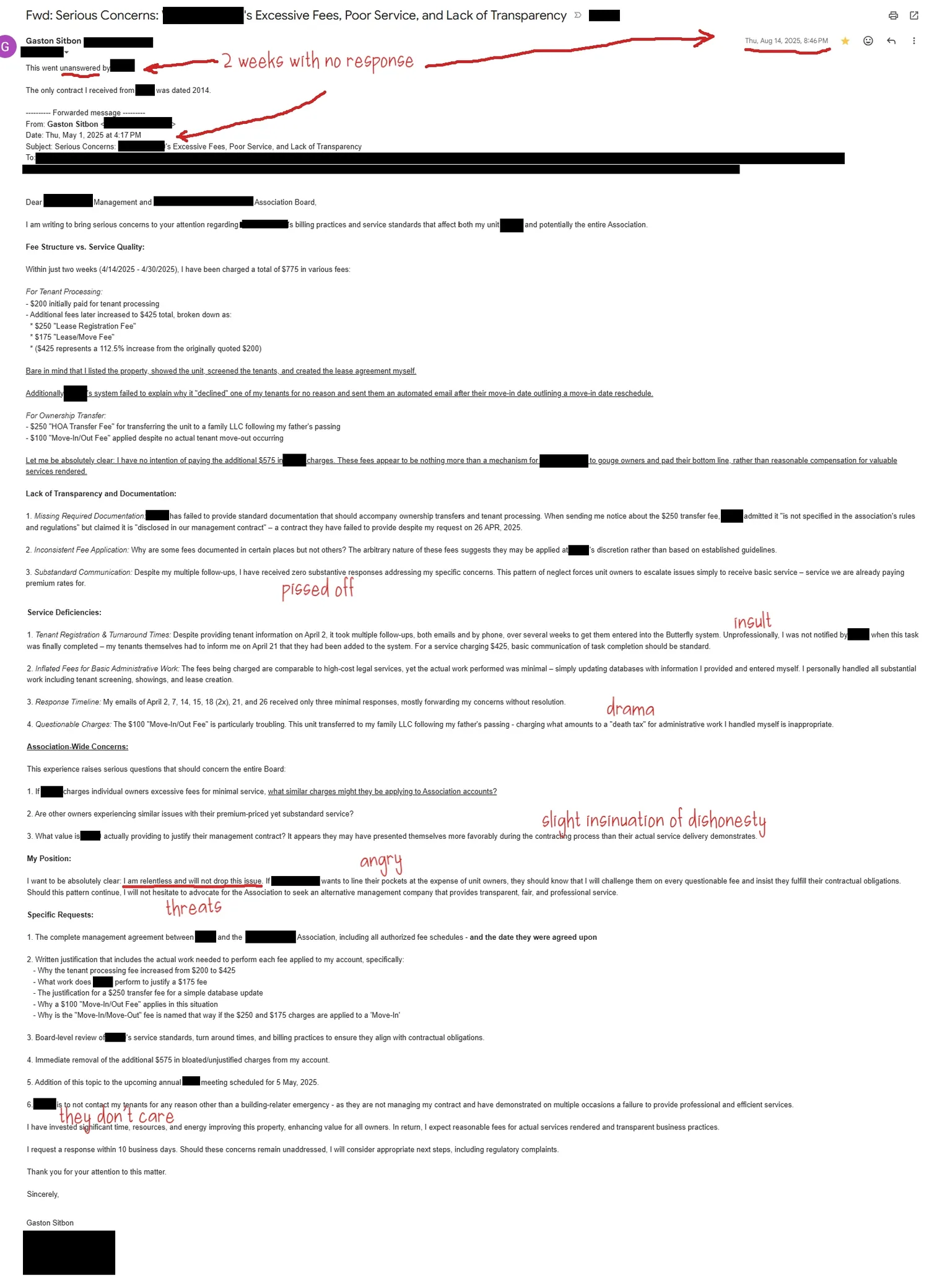 A long, emotional, redacted email to a property management company demanding the removal of fees the writer calls unfair.