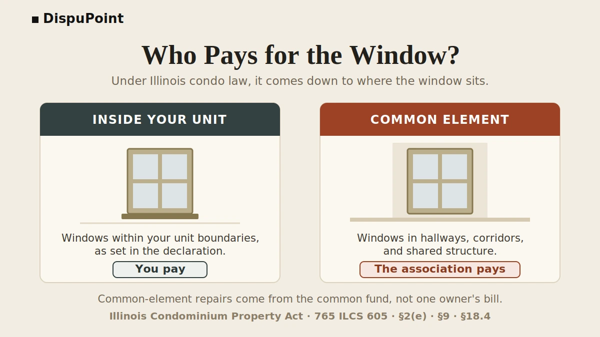 Comparison chart titled Who Pays for the Window: windows inside your unit are your cost, common-element hallway windows are the association's cost under Illinois condo law