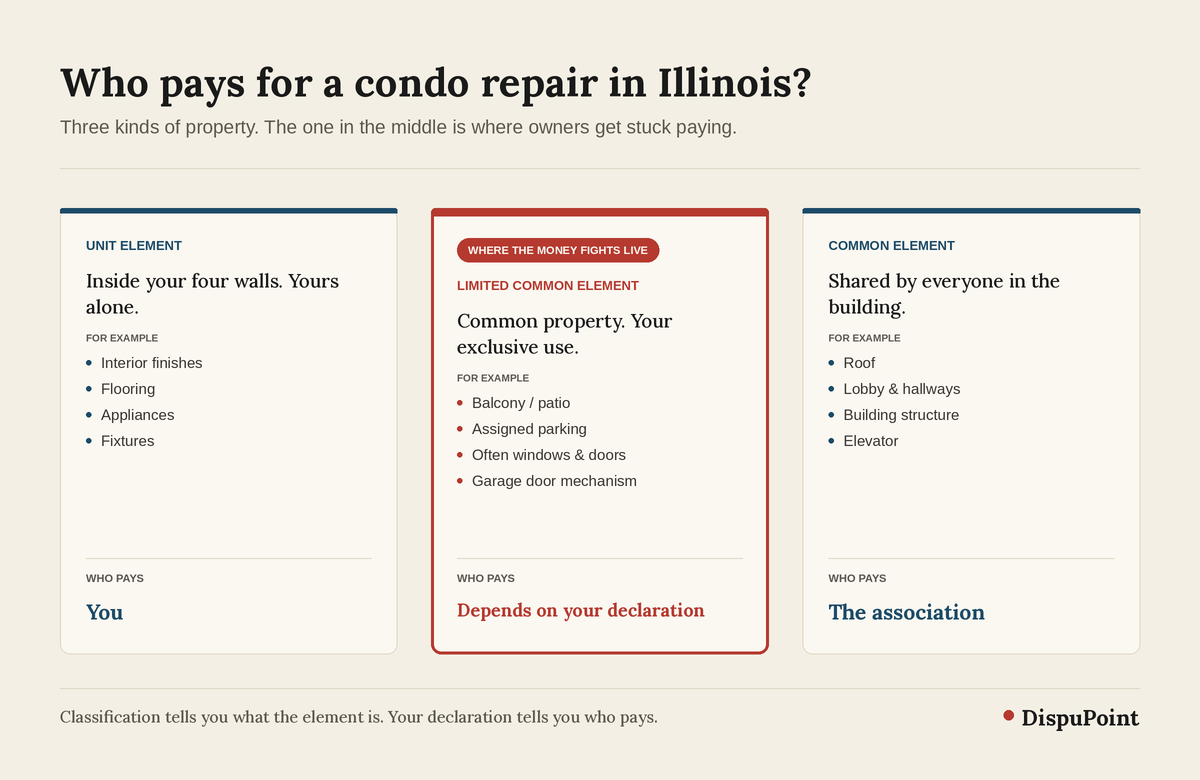 Three-column breakdown of Illinois condo property: unit element (owner pays), limited common element (depends on the declaration), and common element (the association pays).