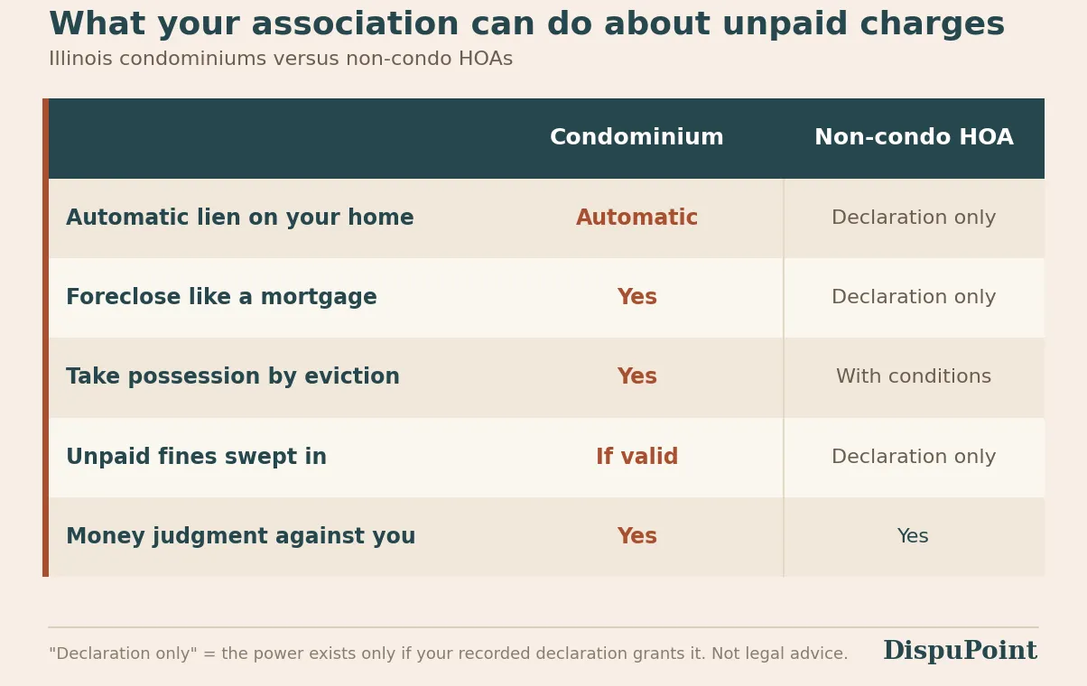 Comparison table of Illinois condominium associations versus non-condo HOAs across five collection powers: automatic lien, mortgage-style foreclosure, eviction, unpaid fines, and money judgments. Condos hold automatic statutory power; a non-condo HOA can only lien or foreclose if its declaration grants it.