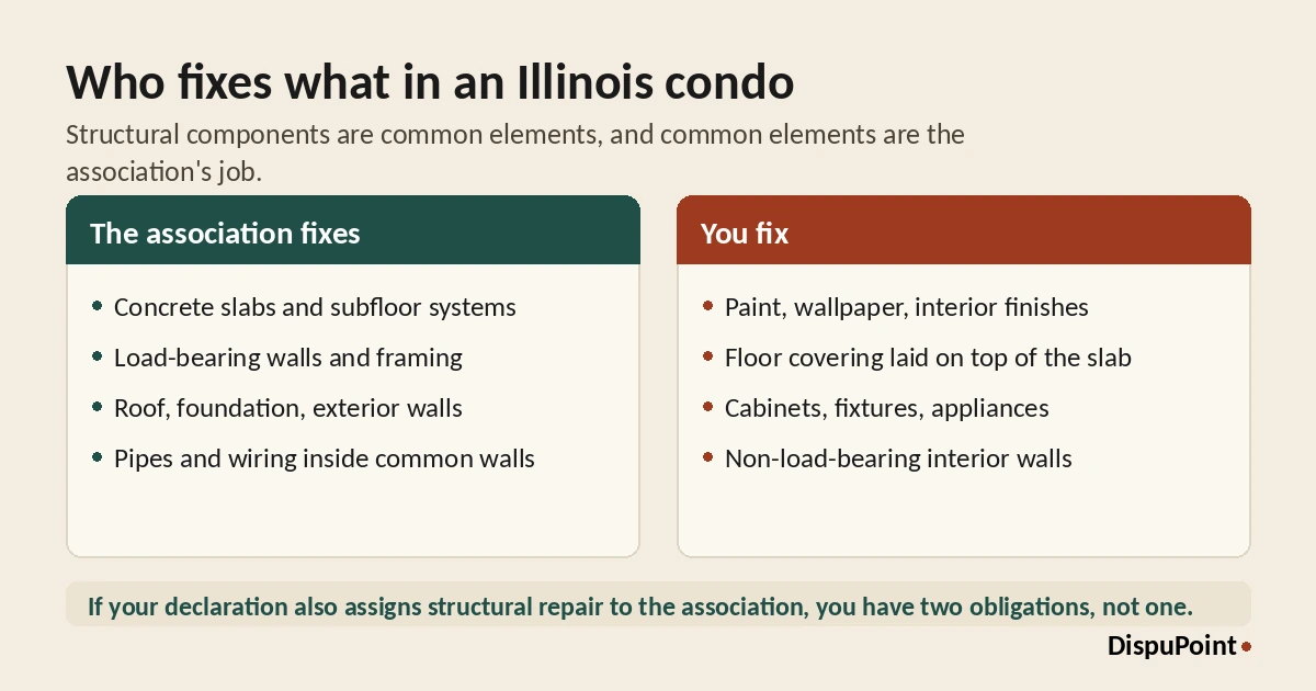 Two-column chart showing that an Illinois condo association is responsible for concrete slabs, subfloor systems, load-bearing walls, roof, foundation, exterior walls, and pipes and wiring inside common walls, while the unit owner is responsible for paint, interior finishes, floor covering on top of the slab, cabinets, fixtures, appliances, and non-load-bearing interior walls.