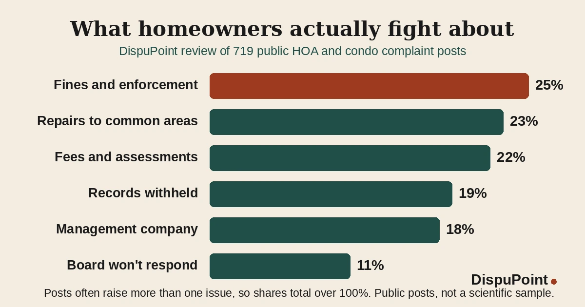 Bar chart from DispuPoint's review of 719 public HOA and condo complaint posts: fines and enforcement 25 percent, repairs to common areas 23, fees and assessments 22, records withheld 19, management company 18, board won't respond 11.
