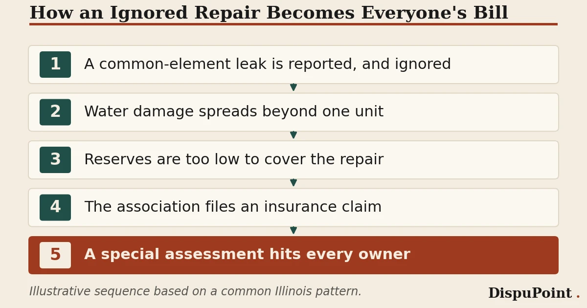 DispuPoint chart of five steps in Illinois condos: a reported common-element leak is ignored, water damage spreads building-wide, reserves are too low to pay, the association files an insurance claim, and a special assessment then hits every owner.