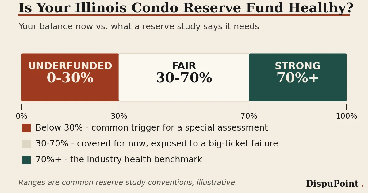 DispuPoint chart of Illinois condo reserve fund percent-funded ranges: under 30 percent is underfunded and a common special-assessment trigger, 30 to 70 percent is fair, and 70 percent or higher meets the industry health benchmark.